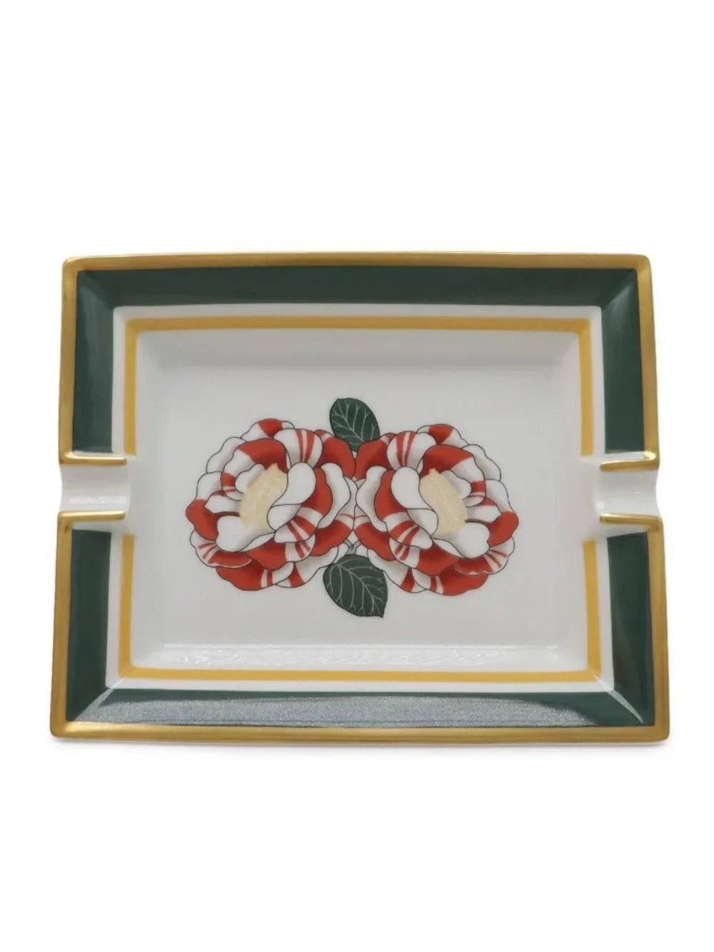 Hermes Ashtray Tray Case Floral Pattern Camellia Ceramic White Red Green Yellow
